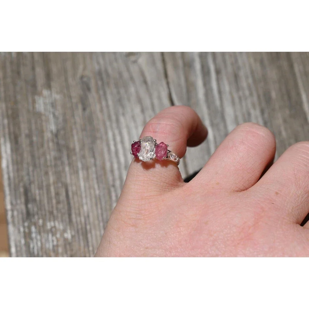 Engagement ring Raw Crystal  with Pink Tourmaline and Quartz Handmade Silver Thr